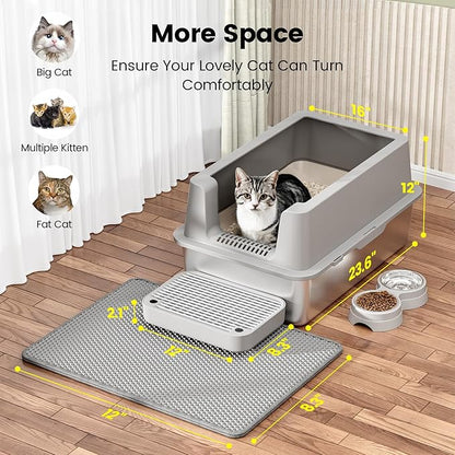 Stainless Steel Cat Litter Box - Enclosed XL Metal Kitty Litter Box with Lid for Big Cats, High Sided, Anti-Leakage, Easy Cleaning, Non-Sticky, Included Litter Mat, Cat Bowl &amp; Spoon