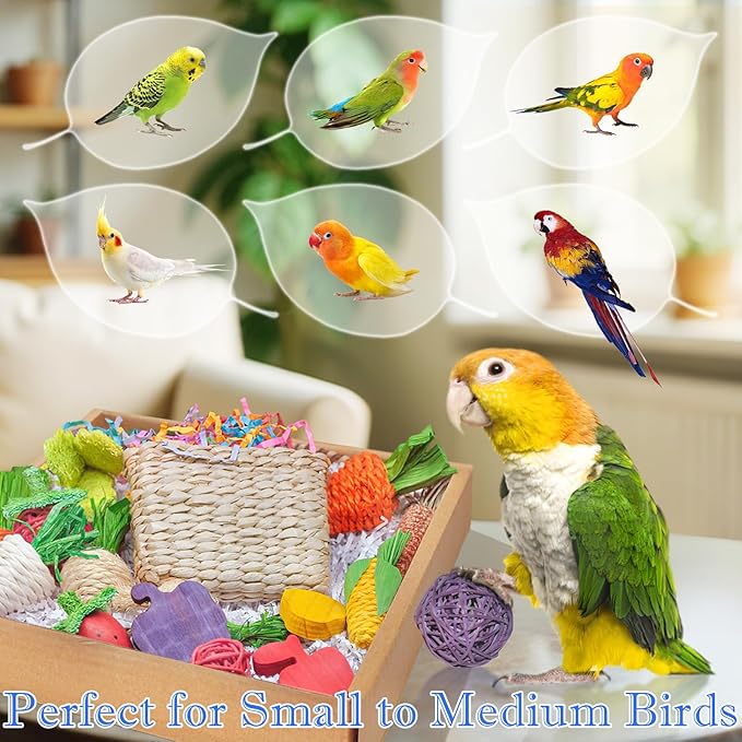 Colorful Bird Foraging &amp; Parrot Shredding Toys Box - Safe Fruit &amp; Vegetable Bird Toys, Perfect for Parakeets, Cockatiels, and Small to Medium Birds