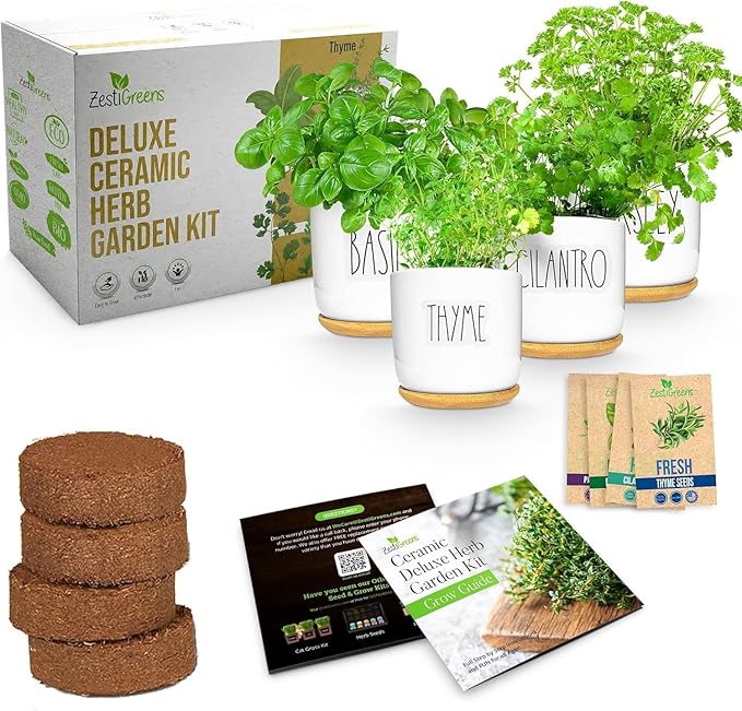 Deluxe Ceramic Indoor Herb Kit 4 Set. Variety Herbs for Indoor &amp; Outdoor – Get Growing with Pots, Potting Soil for Window Herb Garden. (Ceramic Edition)