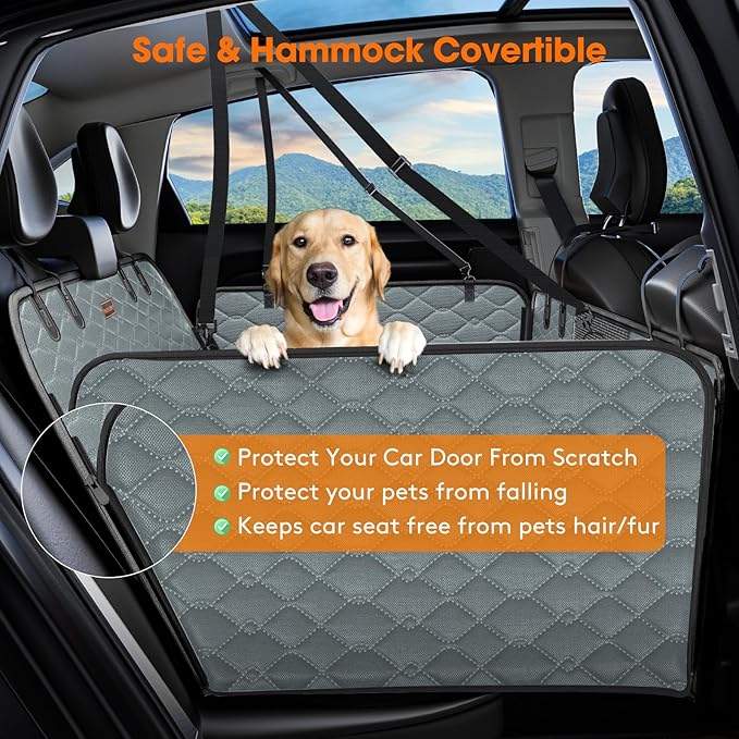 MIXJOY Back Seat Extender - Hard Bottom Dog Car Seat Cover, Waterproof &amp; Foldable Dog Hammock for Car Travel, Grey