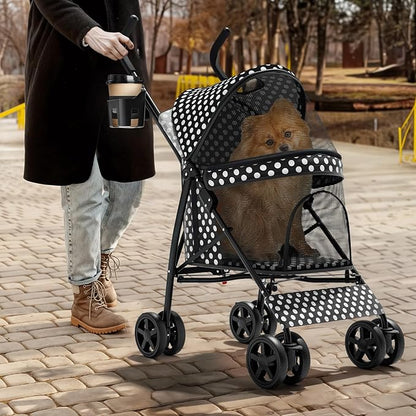 Magshion Compact Pet Stroller for Small-Medium Dogs/Cats up to 22lbs, 4-Wheel Lightweight Umbrella Shaped Portable Puppy Travel Jogger with Breathable Mesh, Cup Holder &amp; Rear Storage, Black Polka Dots