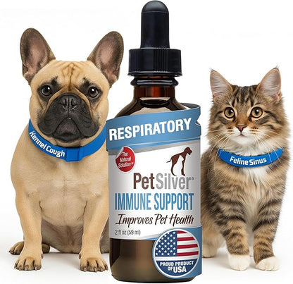 PetSilver Immune Support - Promotes Respiratory Health in Cats &amp; Dogs, Sinus &amp; Kennel Cough Treatment, Natural Antibiotic, Allergy Relief, Chelated Silver Formula, Easy-to-Use Dropper, USA - 2 fl oz
