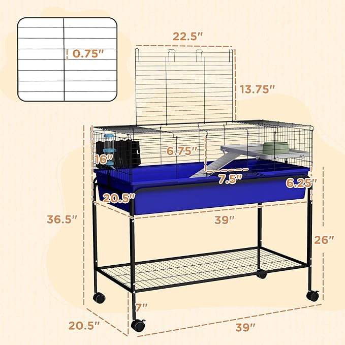 PawHut Two-Story Small Animal Cage Removable from Stand, Guinea Pig Cage with Shelf &amp; Wheels, Pet Habitat for Hedgehog, Chinchilla, Ferret, 39" x 20.5" x 36.5", Blue
