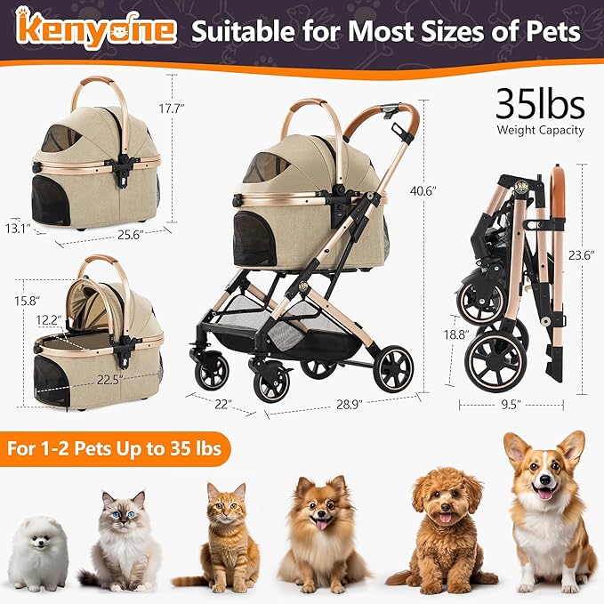 Kenyone 3-in-1 Pet Stroller for Small Medium Dogs Puppy Cat Stroller with Detachable Carrier &amp; Pad Lightweight Foldable Aluminum Alloy Frame Dual No-Zip Entry(Khaki)
