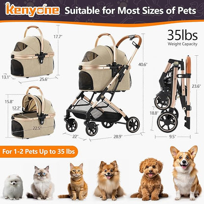 Kenyone 3-in-1 Pet Stroller for Small Medium Dogs Puppy Cat Stroller with Detachable Carrier &amp; Pad Lightweight Foldable Aluminum Alloy Frame Dual No-Zip Entry(Khaki)