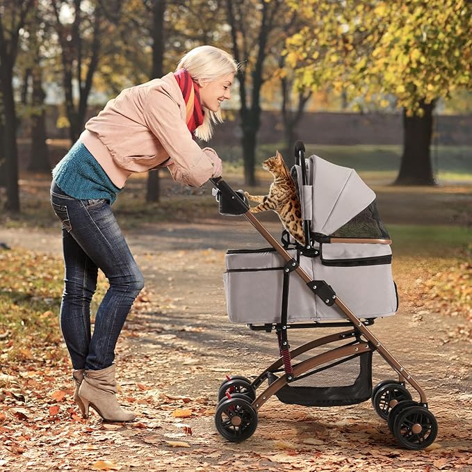 3-in-1 Foldable Pet Stroller for Medium Dogs &amp; Cats (50lbs) - Detachable Carrier, Car Seat, Storage Basket, 5" Lockable Wheels