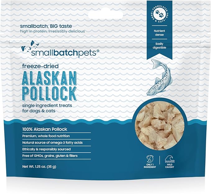 smallbatch Pets Freeze Dried Cat &amp; Dog Treats, 1.25oz - Alaskan Pollock, Organic High Protein Treats, Omega 3 Fatty Acids, Gluten Free, Grain Free, Made in The USA, Ethically Sourced, Single Protein