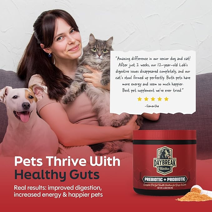 Probiotics for Cats &amp; Dogs - 6 Billion CFU Prebiotic &amp; Probiotic Powder - 8 Strains Pet Digestive Support - Gut Health Supplement with Flaxseed &amp; Pumpkin - 30 Day Supply with Scoop