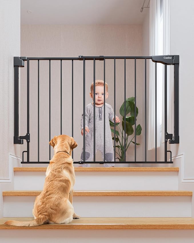 Cumbor 29.2-43" No Bottom Bar Baby Gate for Stairs, 2-in-1 Hardware Mounted Dog Gate Indoor, Wide Pet Gates for Doorway with Large Walk Thru Door, Child-Proof Gate for Top &amp; Bottom of Stairs(Black)