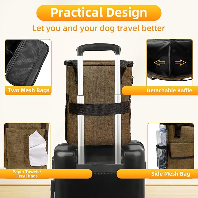 Dog Travel Bag for Camping - Pet Travel Accessories with 2 Collapsible Bowls, 2 Food Containers &amp; Waterproof Feeding Mat - Portable Dog Carrier, Coffee (Small)