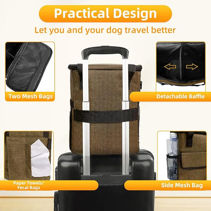 Dog Travel Bag for Camping - Pet Travel Accessories with 2 Collapsible Bowls, 2 Food Containers &amp; Waterproof Feeding Mat - Portable Dog Carrier, Coffee (Small)