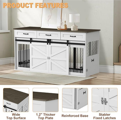 RQZ 65" Double Dog Crate Furniture for 2 Dogs Heavy Duty Wood Dog Cage Table with 3 Storage Drawers and 4 Stainless Steel Bowls Dog Kennel Indoor for Medium Large Dogs
