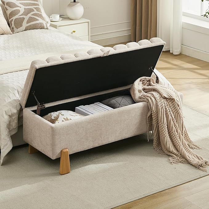 Storage Bench Ottoman 48.6 Inch with Safty Lift Top Lid, Tufted Solid Wood Tapered Legs Footstool for Bedroom, Living Room &amp; Entryway Light Brown