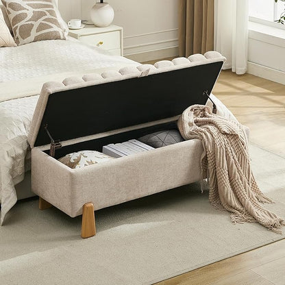 Storage Bench Ottoman 48.6 Inch with Safty Lift Top Lid, Tufted Solid Wood Tapered Legs Footstool for Bedroom, Living Room &amp; Entryway Light Brown