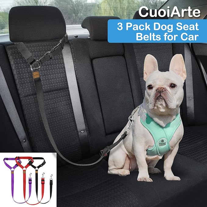 3 Pack Dog Seat Belt for Car, Car Headrest Restraint Adjustable Nylon Fabric, Dog Restraints Vehicle Seatbelts Harness (Black &amp; Red &amp; Purple)