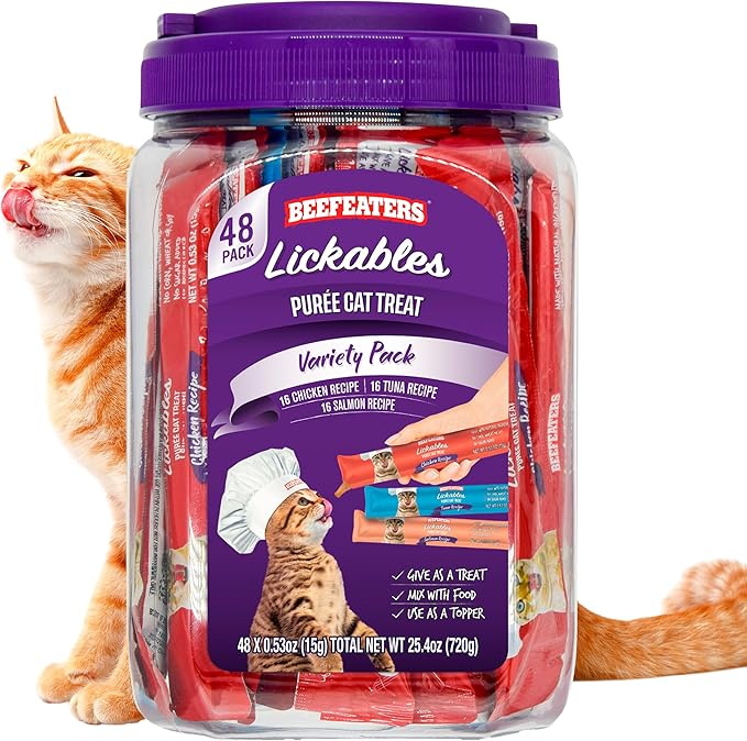 Beefeaters Cat Treats Variety Pack Lickable Puree 48ct – Salmon, Tuna &amp; Chicken, Grain-Free, Taurine-Enriched, Ideal for Training &amp; Interactive Feeding