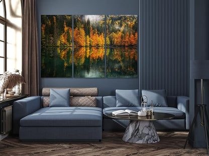 Nature Wall Art Prints - Ocean Forest Mountain Lake Canvas Landscapes - Small to Extra Large Living Room Bedroom Kitchen Bathroom Décor (Autumn by the Lake, 31L" x 47W" - 3 Panels)