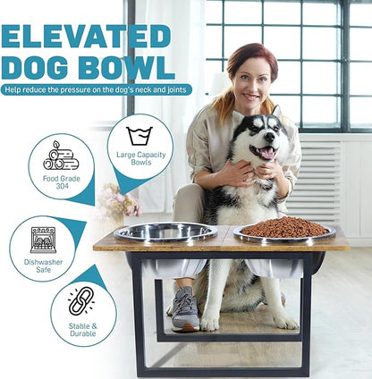 Elevated Dog Bowls for Large &amp; Extra Large Breed Dogs - Raised Dog Feeding Station with Two Stainless Steel Bowls - Helps to Reduce Strain on Dog’s Neck &amp; Joints - 3500 ML Capacity
