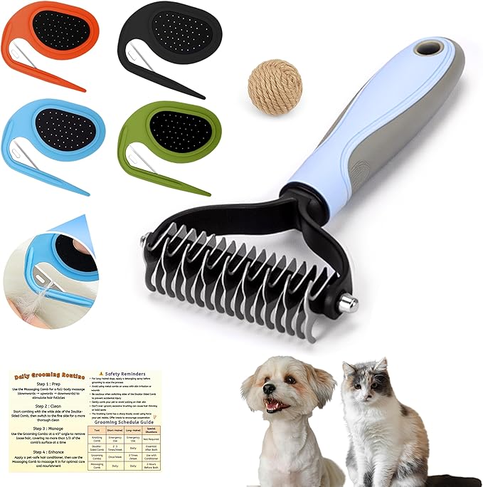 Upgraded Cat &amp; Dog Knotting Comb + Grooming Kit – Hidden Blade Safe Tangle Remover, Non-Slip Handle, Includes 4 Knotting Combs &amp; 1 Pet Grooming Brush