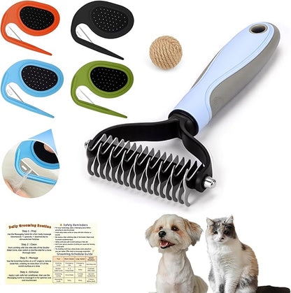 Upgraded Cat &amp; Dog Knotting Comb + Grooming Kit – Hidden Blade Safe Tangle Remover, Non-Slip Handle, Includes 4 Knotting Combs &amp; 1 Pet Grooming Brush