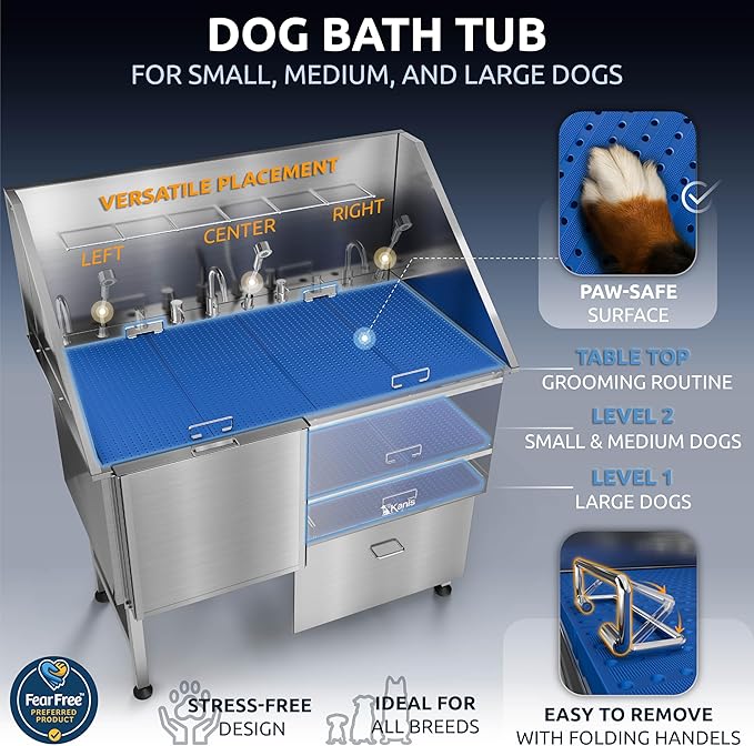 KANIS Professional Dog Washing Station - 304 Stainless Steel Pet Wash Sink &amp; Grooming Bath Tub for Home with Ramp, Shower, Floor Grate, Storage Drawer, Faucet, Drain Kit for Large, Medium &amp; Small Pets