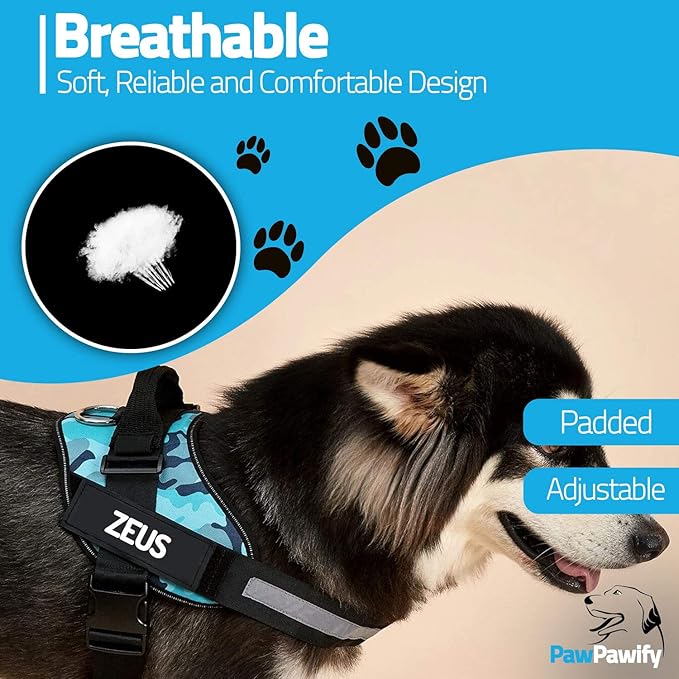 PawPawify Custom No Pull Dog Harness with Name and Phone Number, Heavy Duty Personalized Pet Vest to Prevent Tugging, Pulling, or Choking, Training and Walking (Camouflage Green, M (20-40 LBS))
