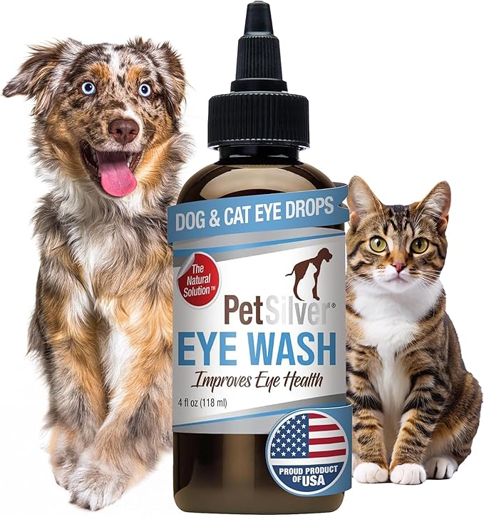 PetSilver Eye Drops for Dogs and Cats - Natural Dog Eye Wash - Relief for Inflammation &amp; Irritation - Pet Eye Cleaner and Tear Stain Remover - Patented Silver Formula - Made in The USA - 4 fl oz