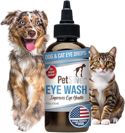 PetSilver Eye Drops for Dogs and Cats - Natural Dog Eye Wash - Relief for Inflammation &amp; Irritation - Pet Eye Cleaner and Tear Stain Remover - Patented Silver Formula - Made in The USA - 4 fl oz
