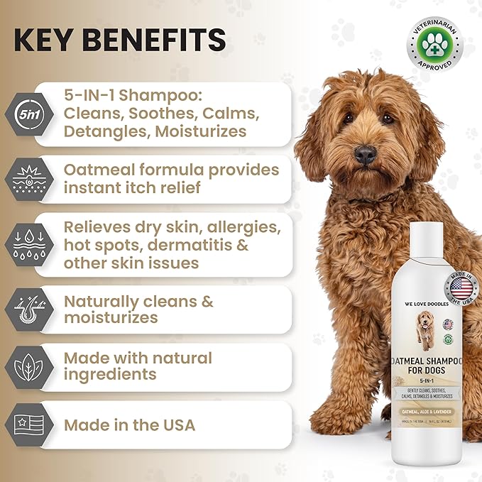 5-in-1 Premium Oatmeal Shampoo for Dogs, Gentle for Itchy &amp; Sensitive Skin, Provides Itch Relief, Hypoallergenic &amp; Soothing for Dry Skin, Moisturizing Anti-Itch, Made in USA, 16 oz [We Love Doodles]