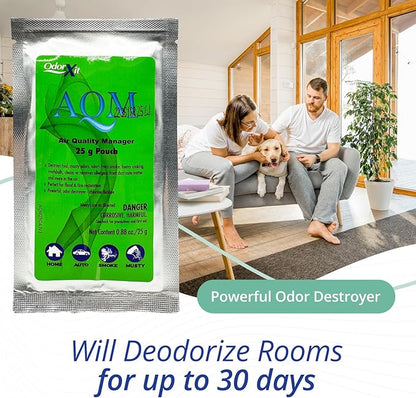 AQM by OdorXit, Air Quality Manager Chlorine Dioxide Odor Removal Packet, Dog Odor Eliminators for Hom, Wet Dog Smell &amp; Car Deodorizer, Cigarette &amp; Strong Smell Neutralizer, 25g
