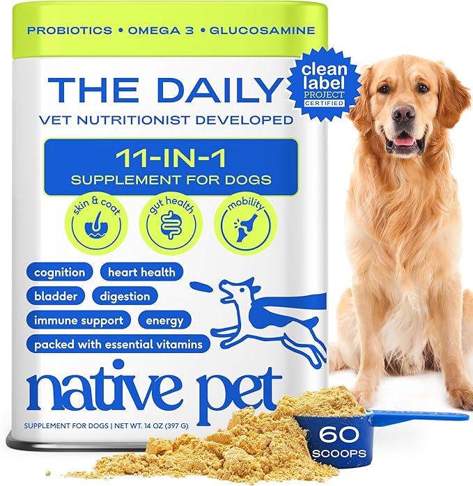 Native Pet Dog Vitamins &amp; Supplements - 11-in-1 Multivitamin Powder for Dogs Food Topper - Collagen, Glucosamine, Probiotics, Omega &amp; More- Supports Healthy Gut, Mobility &amp; Overall Health -60 Scoops