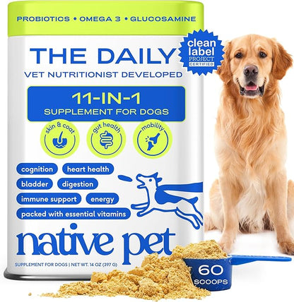 Native Pet Dog Vitamins &amp; Supplements - 11-in-1 Multivitamin Powder for Dogs Food Topper - Collagen, Glucosamine, Probiotics, Omega &amp; More- Supports Healthy Gut, Mobility &amp; Overall Health -60 Scoops
