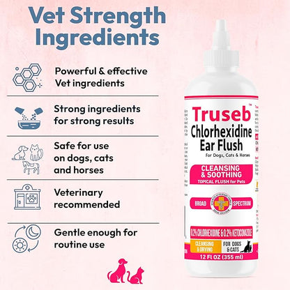 Truseb Advanced Topical Dog Ear Wash with Ketoconazole &amp; Chlorhexidine Ear Flush Dog, Cats and Horses, with Aloe - 12 oz Made in U.S.A (Ketoconazole &amp; Chlorhexidine Ear Flush, 12 oz)