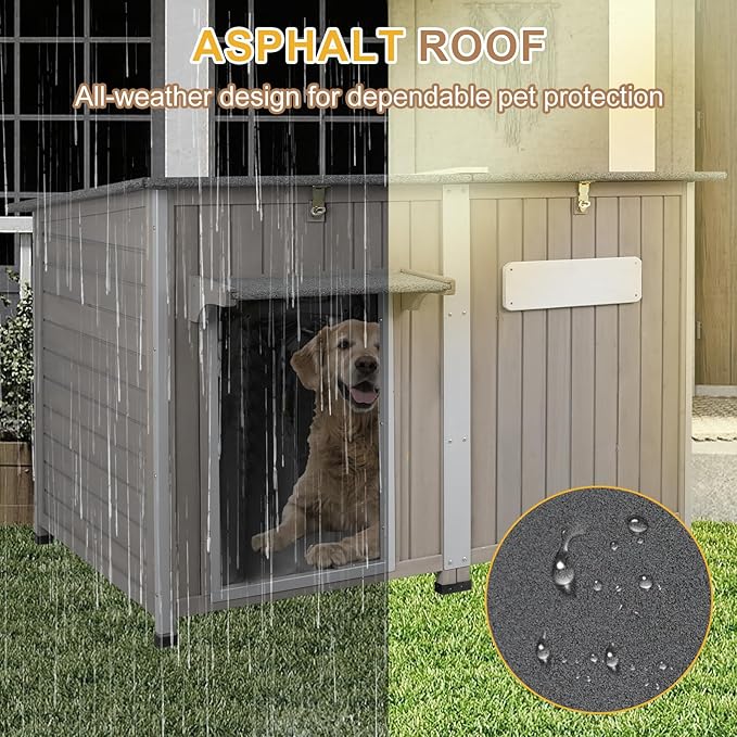 Weatherproof Outdoor Dog House, Wooden Puppy Shelter with Anti-Chewing Iron Frame and Elevated Floor, Sturdy Dog Kennel for Small, Medium &amp; Large Dogs, Grey (Gray, 51" L x 29" W x 32" H)