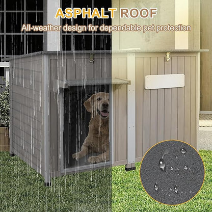 Weatherproof Outdoor Dog House, Wooden Puppy Shelter with Anti-Chewing Iron Frame and Elevated Floor, Sturdy Dog Kennel for Small, Medium &amp; Large Dogs, Grey (Gray, 51" L x 29" W x 32" H)