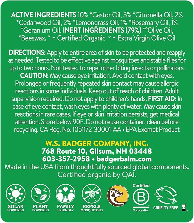 Badger Bug Repellent, Easy to Use Travel Stick, DEET-Free Mosquito Repellent &amp; Insect Protection, Certified Organic Essential Oil Balm
