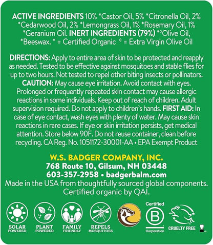Badger Bug Repellent, Easy to Use Travel Stick, DEET-Free Mosquito Repellent &amp; Insect Protection, Certified Organic Essential Oil Balm