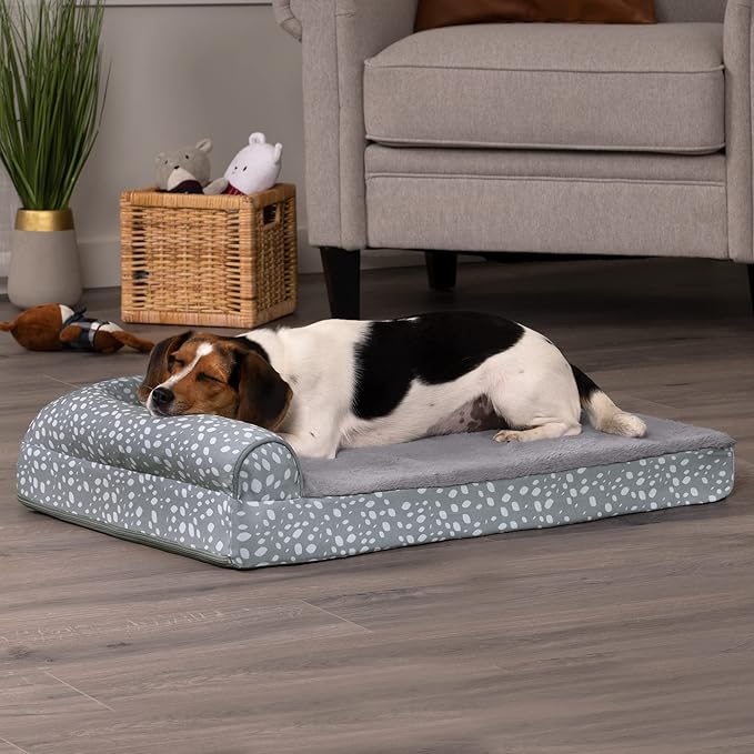 FurHaven Supportive Cooling Memory Foam L Chaise Dog Bed with Washable &amp; Removable Cover - Plush &amp; Almond Print - Gray Almonds, Dogs Up to 35 lbs - Medium
