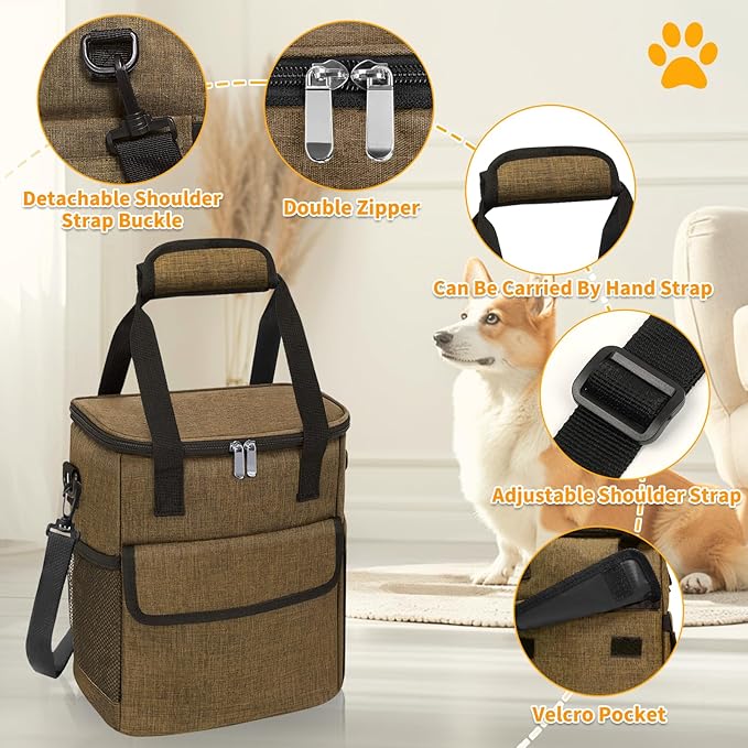 Dog Travel Bag for Camping - Pet Travel Accessories with 2 Collapsible Bowls, 2 Food Containers &amp; Waterproof Feeding Mat - Portable Dog Carrier, Coffee (Small)