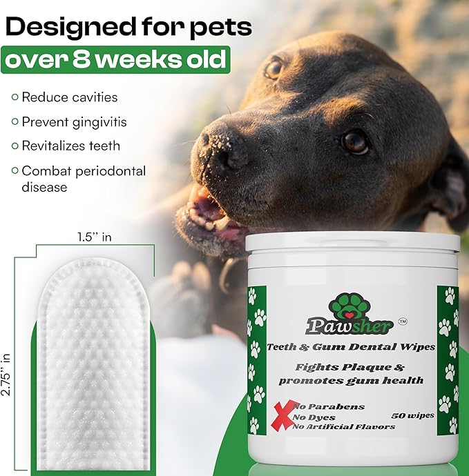 Dog Teeth Cleaning Wipes, Fights Plaque, Freshens Breath &amp; Promotes Gum Health, No-Rinse Finger Toothbrush, Gentle &amp; Naturally Safe, Completes Your Dog Tooth Brushing Kit, 50 Count