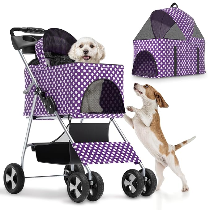 Magshion Foldable Pet Stroller, 3-in-1 Dog Travel Jogger with Detachable Carrier, Cup Holder, Storage Basket, Folding Carrier for Small/Medium Dogs &amp; Cats Up to 33 lbs, Purple Polka Dots
