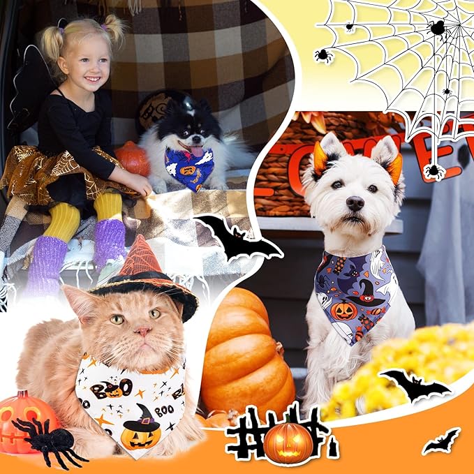 Amylove 120 Pcs Halloween Dog Bandanas Bulk Holiday Triangle Dog Pack Puppy Kerchief Bandana Adjustable Pet Scarf for Pet Cat Costume Accessories Decor(Skeleton)