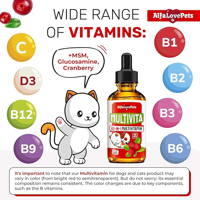 Liquid Multivitamin for Dogs – Cat Multivitamins for Indoor Cats – 10-in-1 Liquid Dog Vitamins B Complex, C, D3 – Digestion, Urination, Hip &amp; Joint, Skin &amp; Coat – Cranberry Flavor – 2 Oz