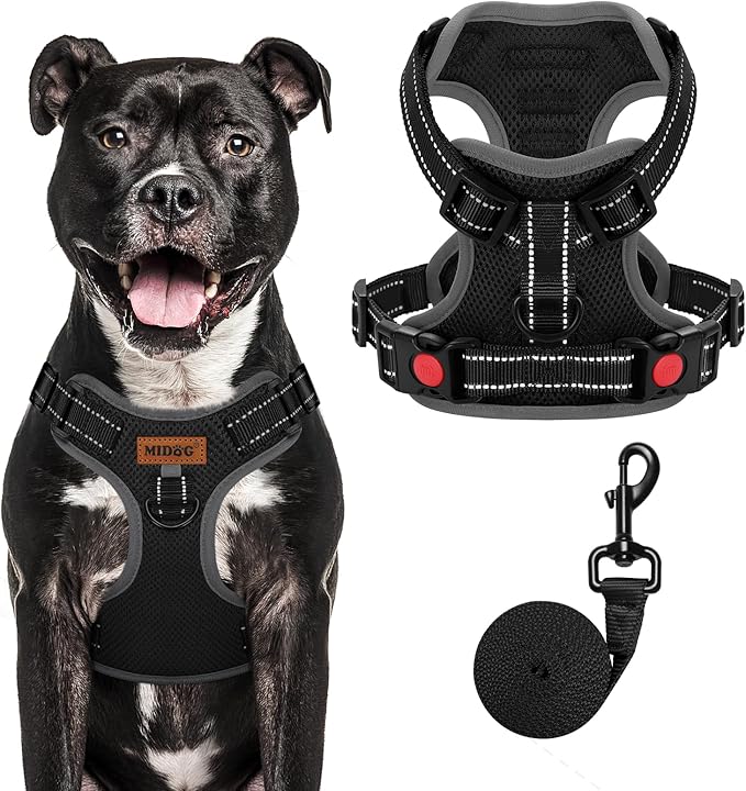 MIDOG No-Pull Dog Harness | Adjustable &amp; Reflective Pet Harness Leash Set for Small Medium Large Dogs Walking, Training| No Choke, Front Clip, Soft Padded Vest with Easy Control Handle - Black, L