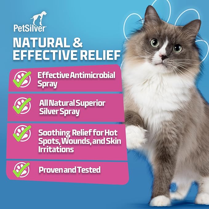 PetSilver Wound &amp; Skin Spray for Cats - Chelated Silver, Superior to Colloidal Silver - Wound Care, Allergy &amp; Itch Relief, Hot Spot Treatment for Cats - Natural Skin Soother - Made in USA - 2 fl oz