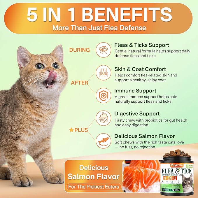 4-in-1 Flea Treatment for Cats Chewable, Natural Cat Flea and Tick Prevention Chewable Supplement for Skin &amp; Coat | Immunity Support | Digestive | Flea &amp; Tick Treatment for All Breeds &amp; Sizes