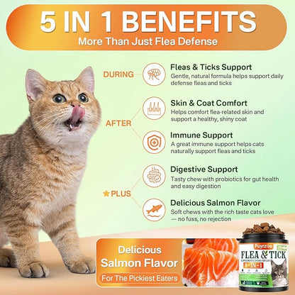 4-in-1 Flea Treatment for Cats Chewable, Natural Cat Flea and Tick Prevention Chewable Supplement for Skin &amp; Coat | Immunity Support | Digestive | Flea &amp; Tick Treatment for All Breeds &amp; Sizes