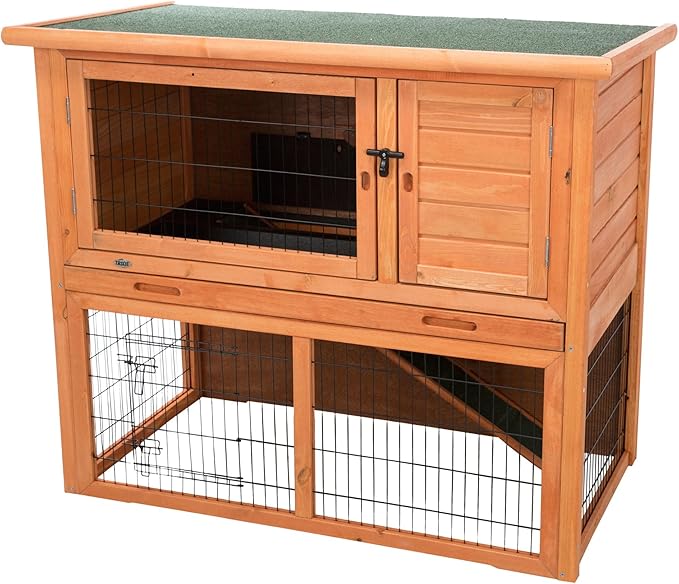 TRIXIE natura Outdoor Rabbit Hutch with Run - 2-Story Rabbit Cage with Non-Slip Ramp - Large Elevated Small Animal House with Secure Playpen, Hinged Roof &amp; Pull-Out Tray - in Brown