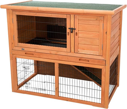 TRIXIE natura Outdoor Rabbit Hutch with Run - 2-Story Rabbit Cage with Non-Slip Ramp - Large Elevated Small Animal House with Secure Playpen, Hinged Roof &amp; Pull-Out Tray - in Brown