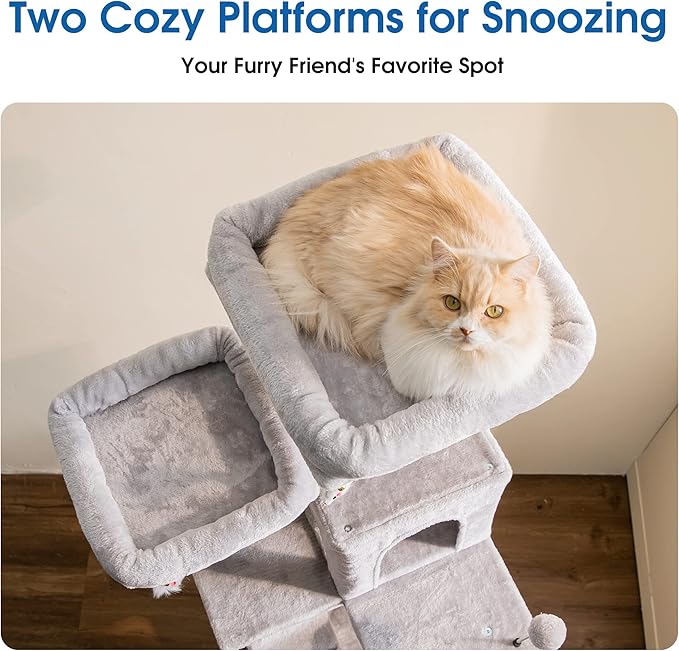 MWPO 70.1-Inch Large Cat Tree, Multi-Level Tall Cat Tower for Indoor Cats, Plush Cat Condo with Big Padded Perches, Sisal-Covered Scratching Posts, Hammock, Toys for Kittens &amp; Cats - Light Grey